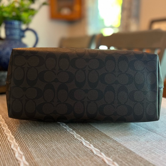 COACH Signature Tote Brown Black Canvas Leather Trim Shoulder Bag Large - Picture 5 of 8